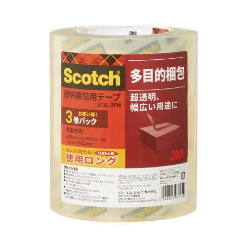 スコッチ透明梱包用テープ中・軽量100M3巻×4