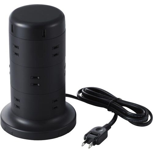 タワー型タップ/12個口/雷サージ/2m/ブラック