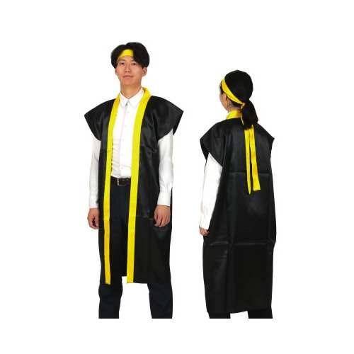 ソフトサテンロングハッピL黒/黄襟ハチマキ付