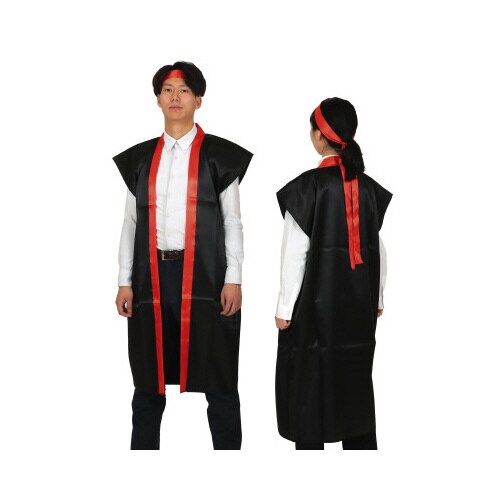 ソフトサテンロングハッピL黒/赤襟ハチマキ付