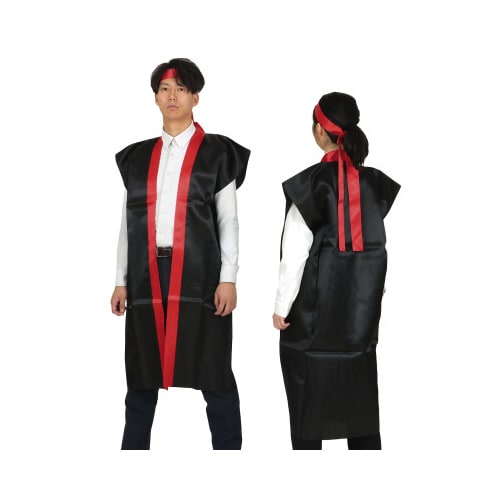 サテンロングハッピ黒(襟赤)L(ハチマキ赤付)