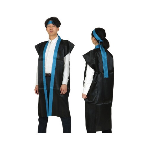 サテンロングハッピ黒(青襟)L(ハチマキ付)