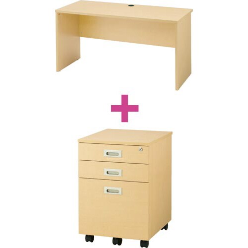 セット品 B木製平机1400NA+3段ワゴン