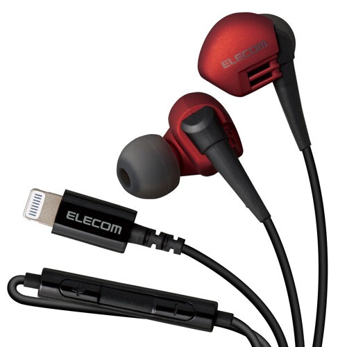 ライトニング接続イヤホンマイク 重低音 レッド