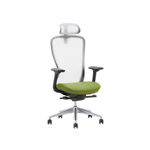 A03−Eチェア 灰 ヘッド肘付 背白座ライムGN