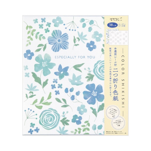 カラー色紙 シール付 半透明 二つ折り 花柄 青