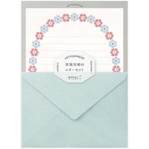レターセット 活版 花フレーム柄 水色 86478