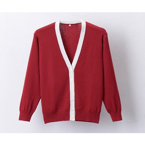 抗ピル配色カーディガン エンジ×ホワイト M