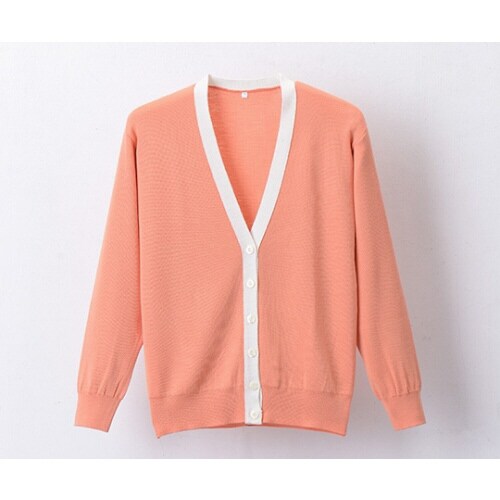 抗ピル配色カーディガン オレンジ×ホワイト L