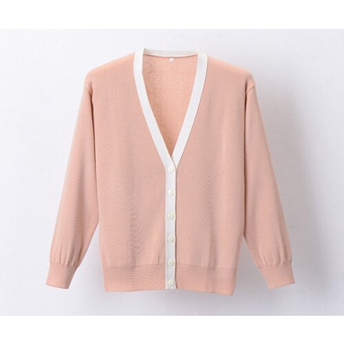 抗ピル配色カーディガン ピーチピンク×ホワイト L