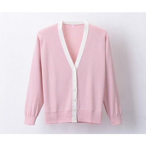 抗ピル配色カーディガン ピンク×ホワイト M