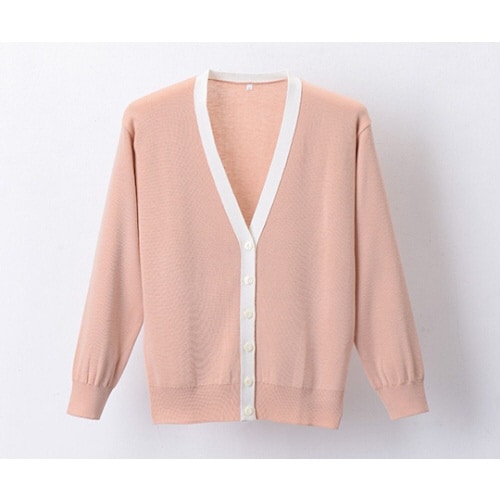 抗ピル配色カーディガン ピーチピンク×ホワイト S