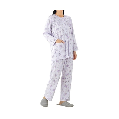 婦人スムース介護腰開きパジャマ パープル L