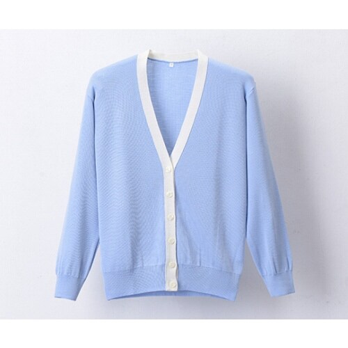 抗ピル配色カーディガン サックス×ホワイト LL