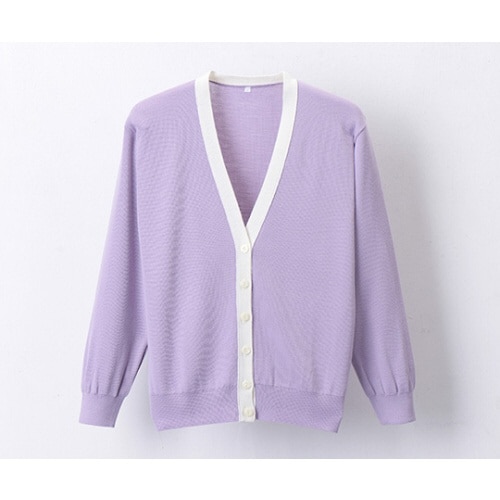 抗ピル配色カーディガン パープル×ホワイト L