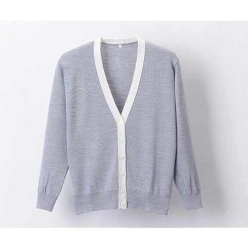 抗ピル配色カーディガン 杢グレー×ホワイト L