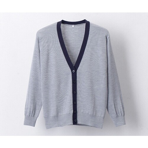 抗ピル配色カーディガン 杢グレー×濃紺 M