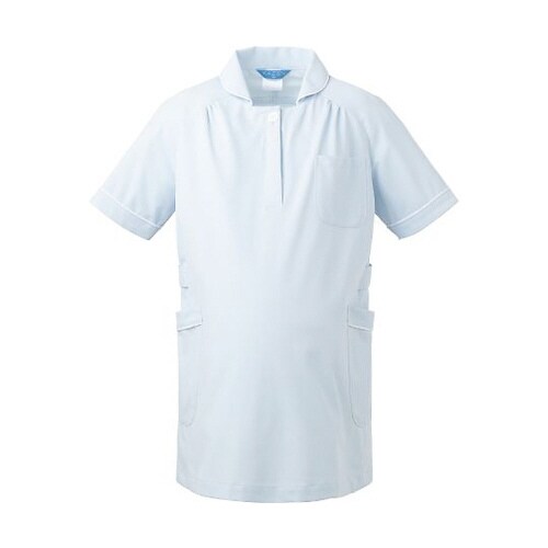 マタニティジャケット半袖 サックスxホワイト M