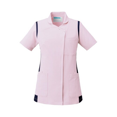 レディススクラブ(衿付き) ピンクxネイビー L