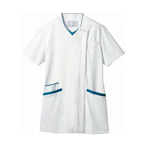 スクラブ レディス 半袖 白/ターコイズ L