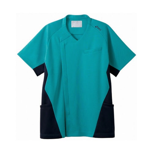 スクラブ メンズ 半袖 ターコイズ×ネイビー S