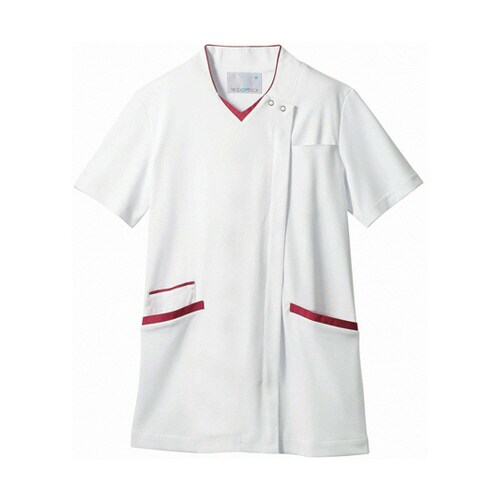 スクラブ レディス 半袖 白/バーガンディ 3L