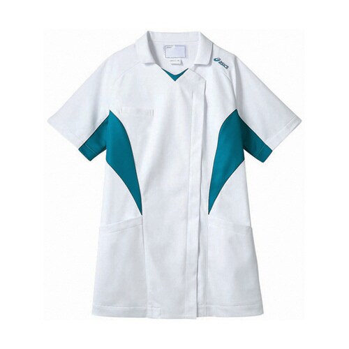 ナースジャケット 半袖 ホワイト×ターコイズ S