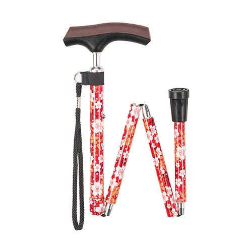 やわらかスリムネックステッキ(折りたたみ) 赤桜柄