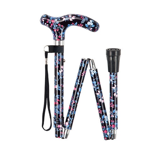 総柄ステッキ(折りたたみ) 黒花柄