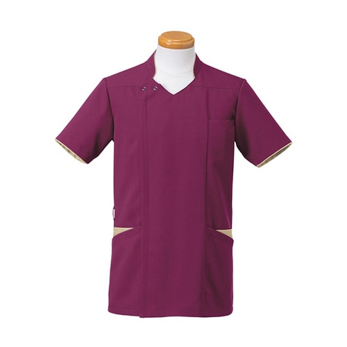 メンズ半袖スクラブジャケットLワイン×ベージュ