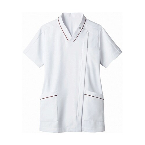 スクラブ レディス 半袖 白/ワイン S