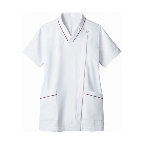 スクラブ レディス 半袖 白/ワイン M