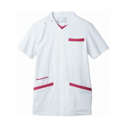 スクラブ 兼用 半袖 白/バーガンディ S