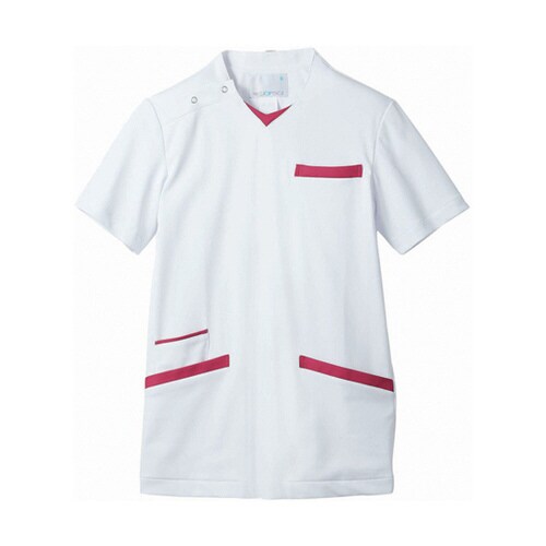 スクラブ 兼用 半袖 白/バーガンディ 3L