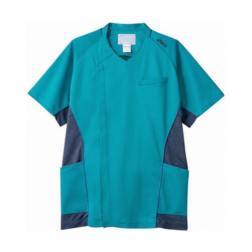 スクラブ メンズ 半袖 ターコイズ×ネイビー LL