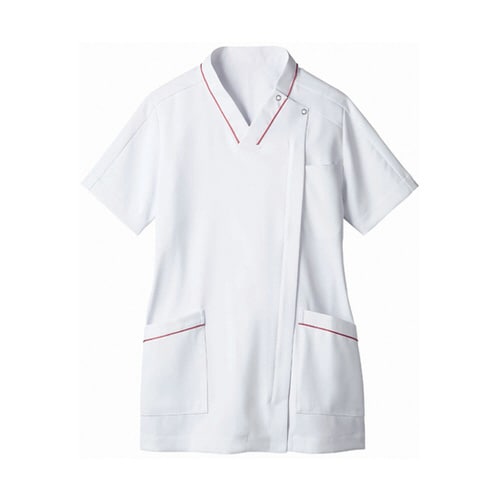 スクラブ レディス 半袖 白/バーガンディ LL