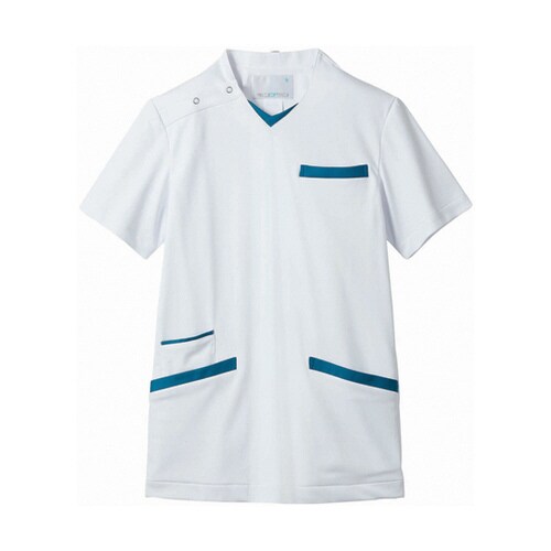 スクラブ 兼用 半袖 白/ターコイズ M