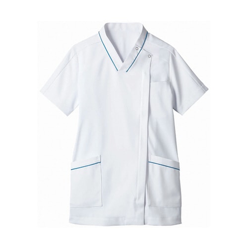 スクラブ レディス 半袖 白/ターコイズ LL