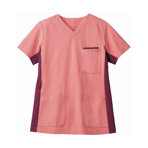 スクラブ 兼用 半袖 コーラルレッド/ワイン 3L