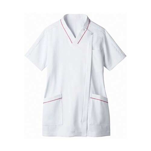 スクラブ レディス 半袖 白/バーガンディ M