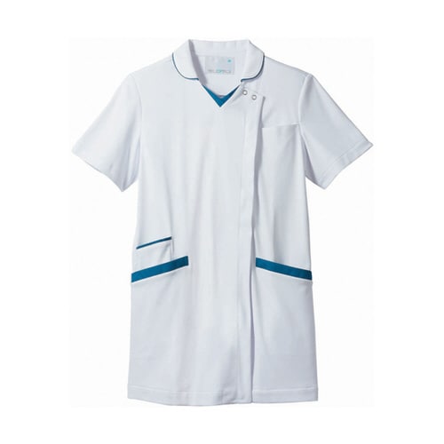 スクラブ レディス 半袖 白/ターコイズ L