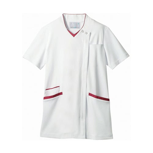 スクラブ レディス 半袖 白/バーガンディ M