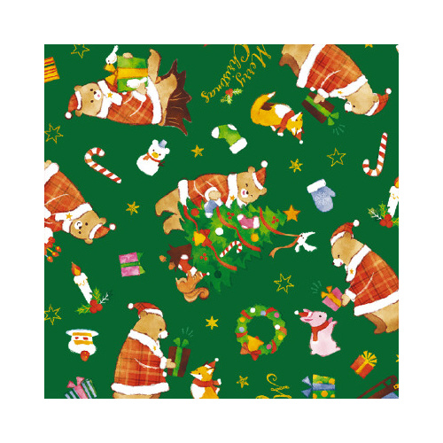 包装紙10枚ロール 森のくまサンタ緑 半才判
