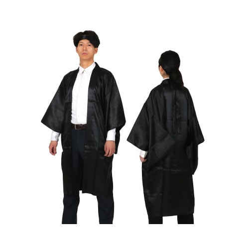 ソフトサテンロングハッピ袖付 黒L(ハチマキ付)