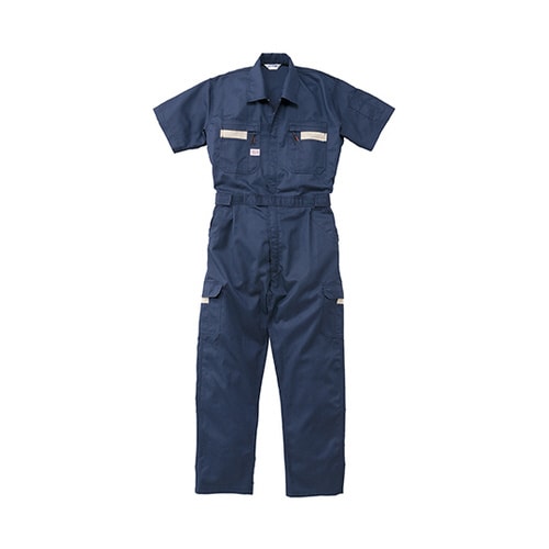 ストライプ半袖つなぎ服 ネイビーブルー