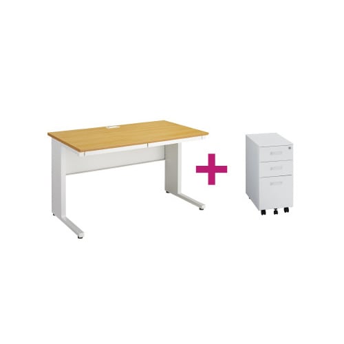 ◇PFデスク引出付1200NAワゴン300白セット