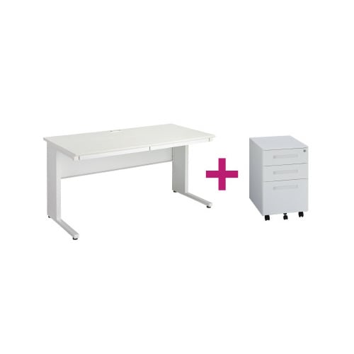 ◇PFデスク引出付1400白ワゴン390白セット