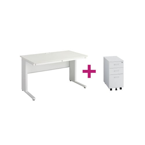 ◇PFデスク引出付1200白ワゴン300白セット