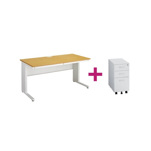 ◇PFデスク引出付1400NAワゴン300白セット