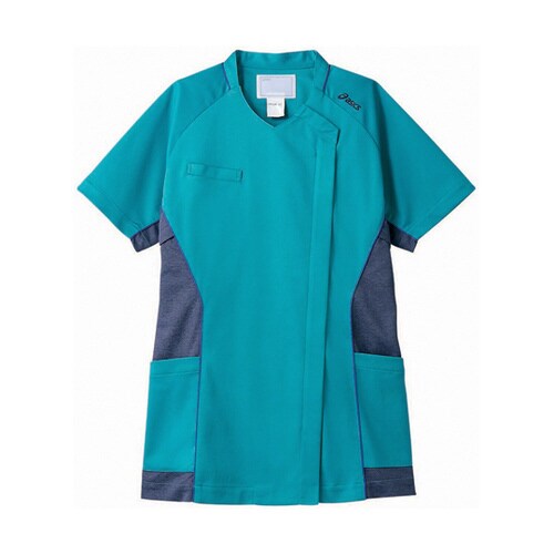 スクラブ レディス 半袖 ターコイズ×ネ